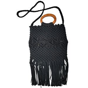Danielle Nicole Boho Hippie Black Macrame‎ Wooden Handle Crossbody fringe Bag